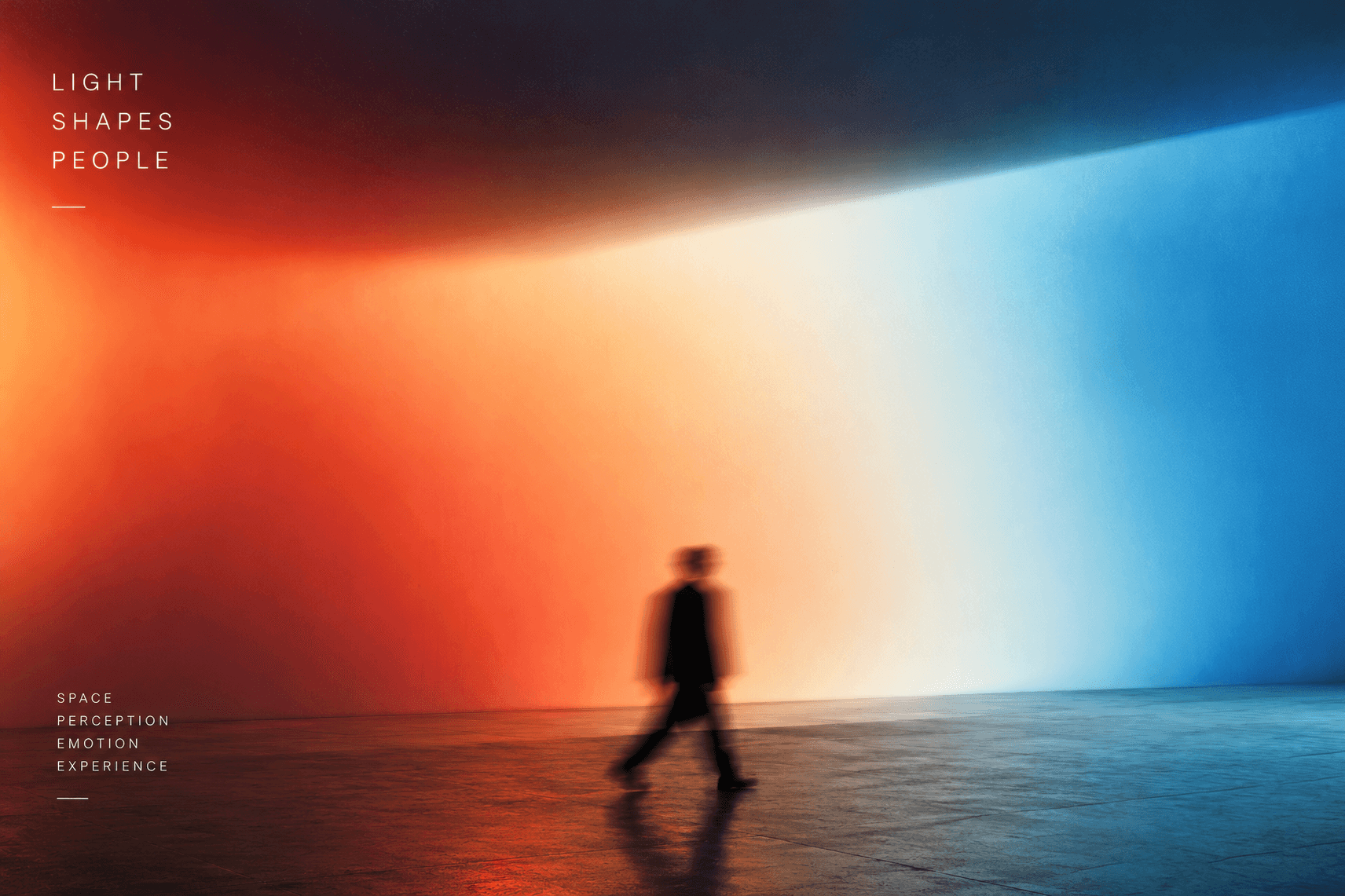 A figure walks past a wall of red-to-blue gradient light; text reads Light Shapes People