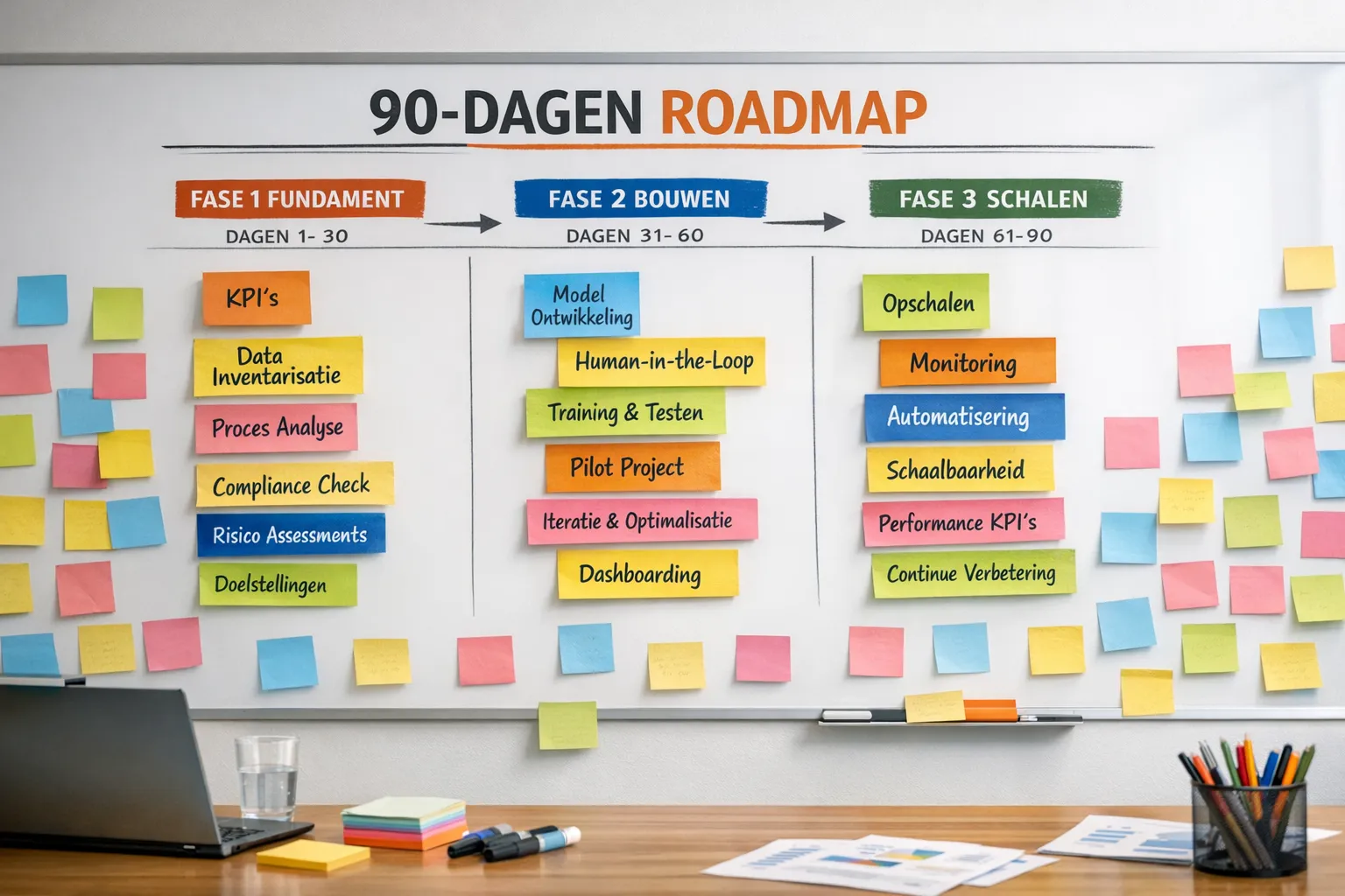 Visuele 90-dagen-roadmap met drie fasen op een muur vol post-its: fundament, bouwen, schalen. Ieder blok toont korte doelen zoals KPI’s, data-inventarisatie, human-in-the-loop, monitoring en training.