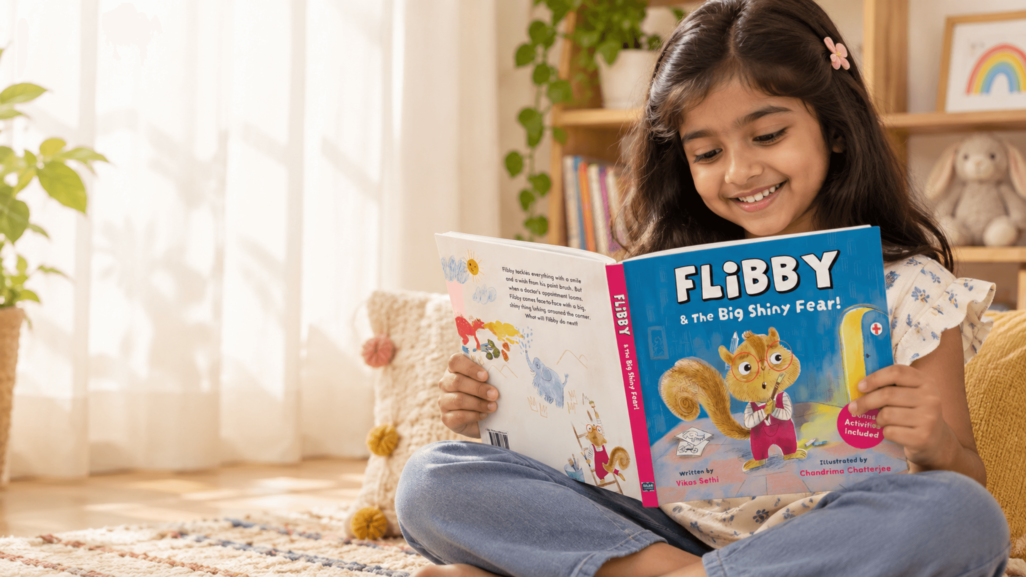 Child reading Flibby and the Big Shiny Fear