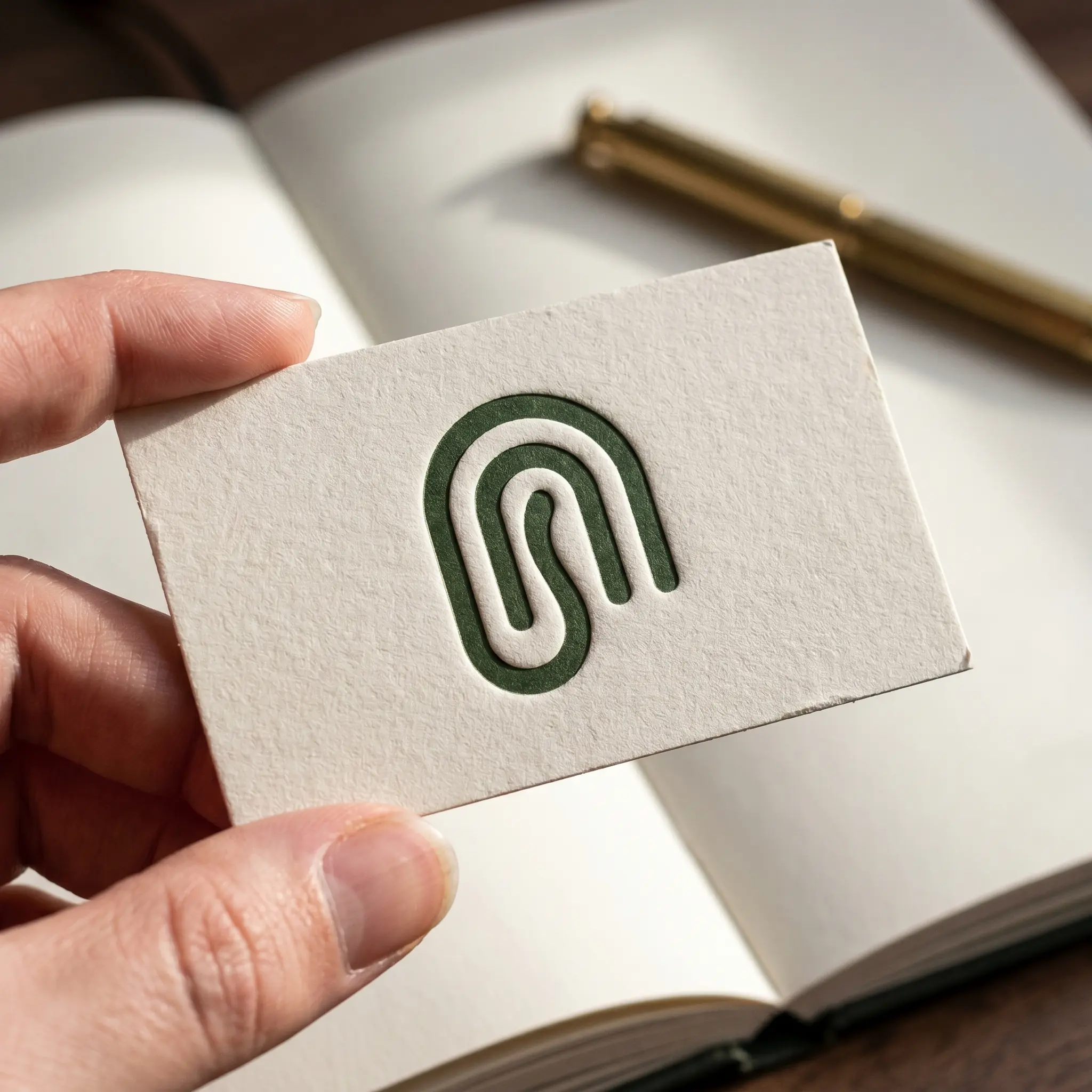 Hand holding a Willow & Hearth business card with the green arch mark