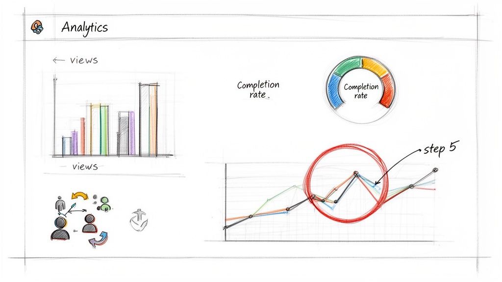A person looking at a screen with question marks floating around, representing frequently asked questions about creating guides.