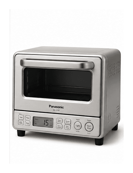 Panasonic FlashXpress NB-G110P compact toaster oven with silver body, glass door, and digital control buttons.