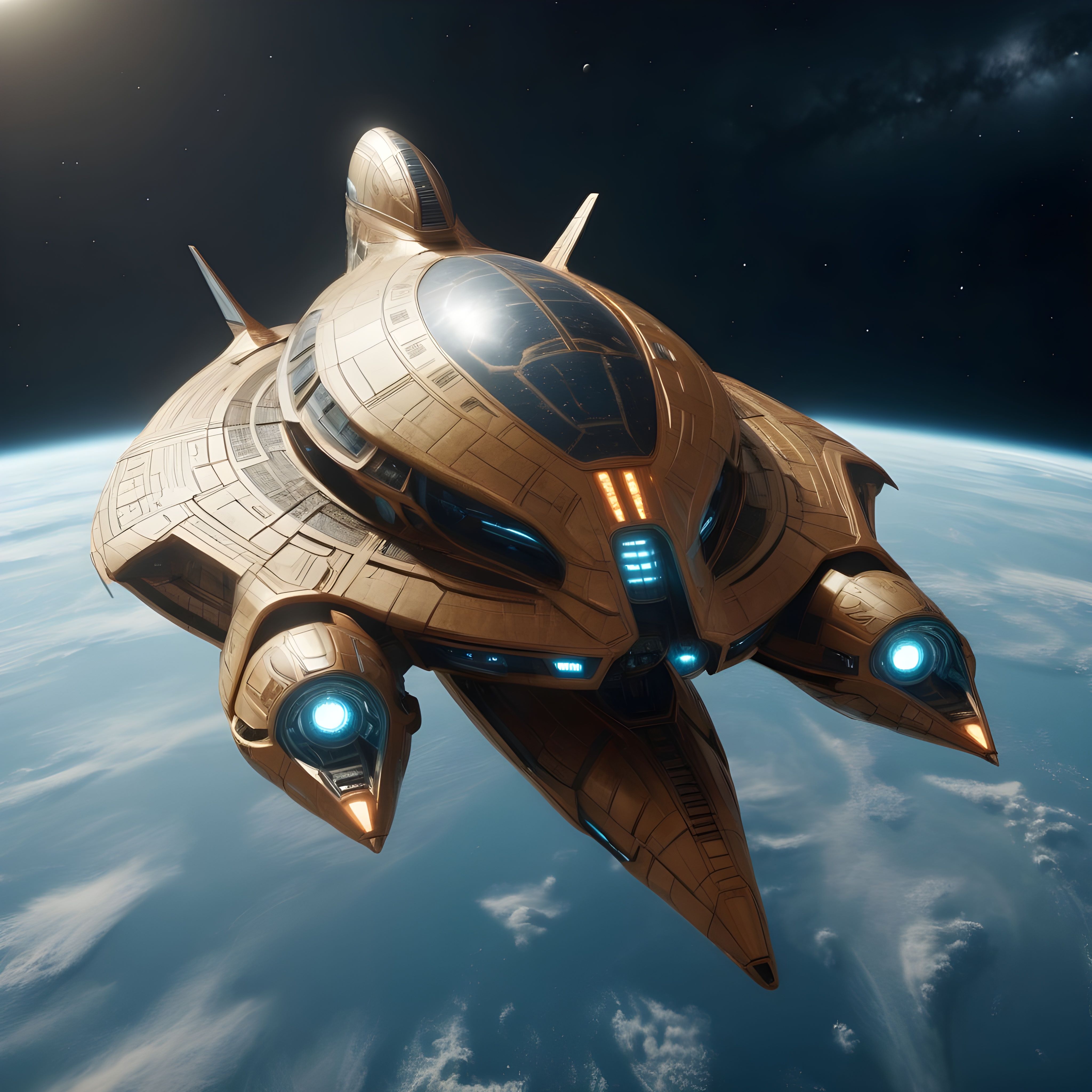 A gold coloured small circular spaceship that has blue and amber lighting in orbit above a planet.