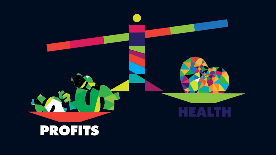 Colorful scale balancing profits against health in public health awareness animation