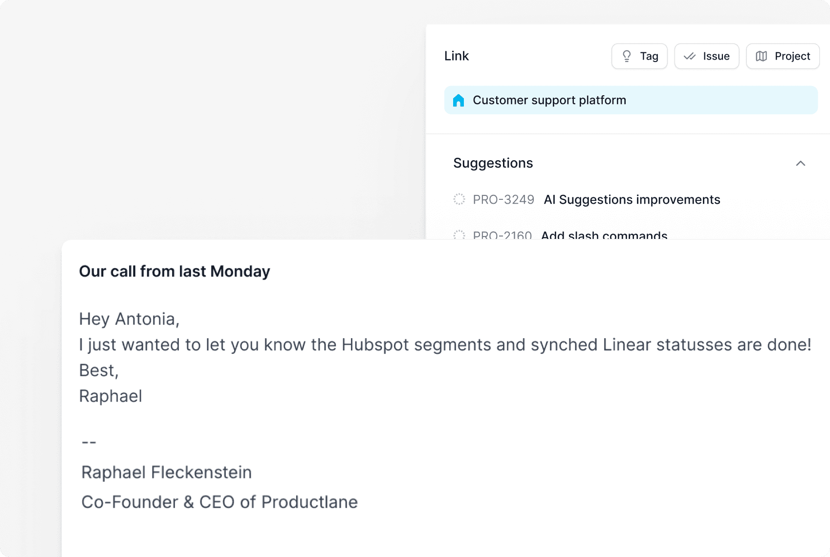 slack inbox linear sync customer support productlane