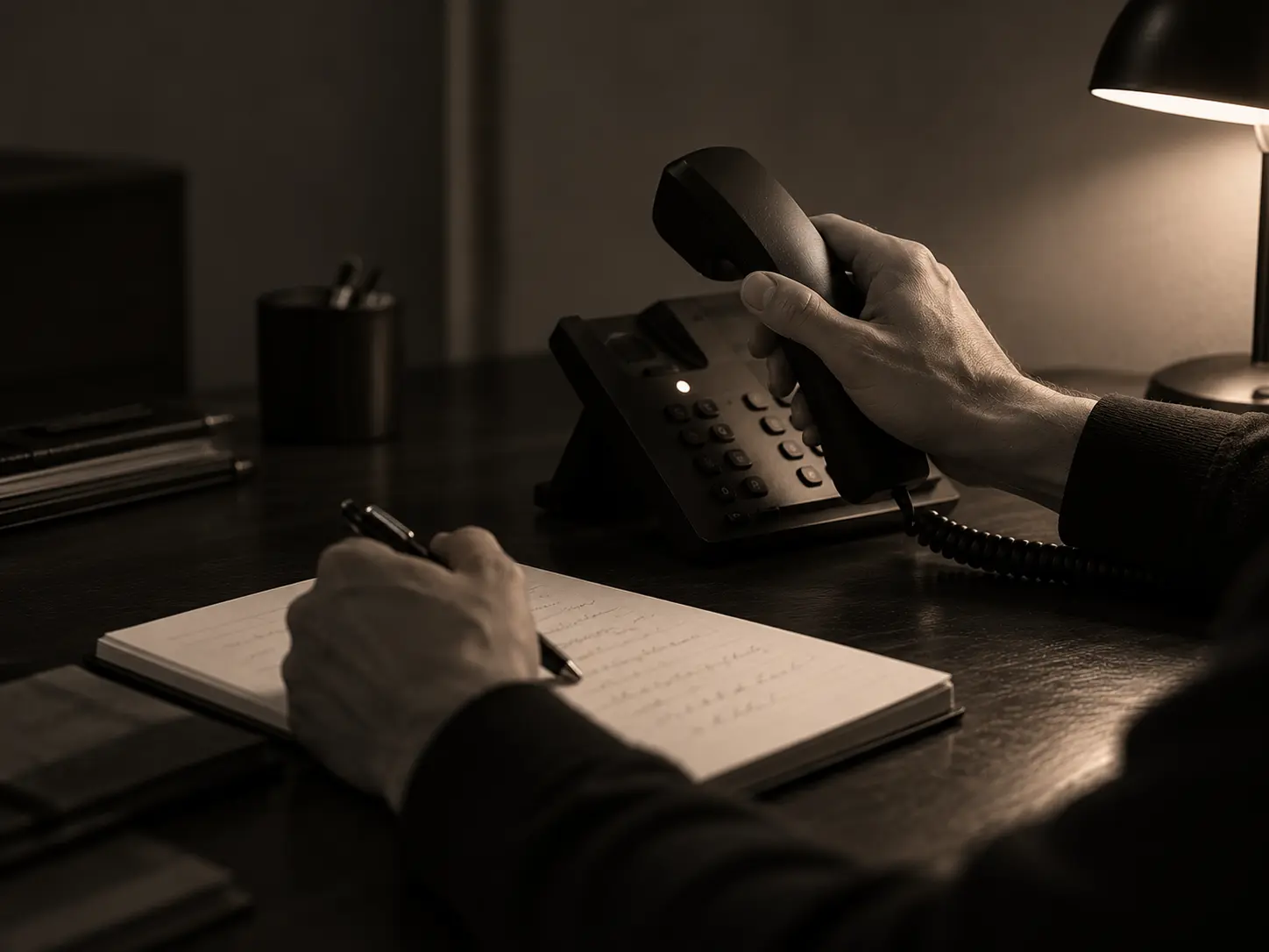 A hand lifting a desk phone handset while the other takes notes, lit by a desk lamp