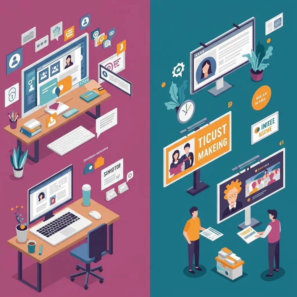 Visual comparison of digital marketing tools and traditional marketing methods in a dynamic workspace