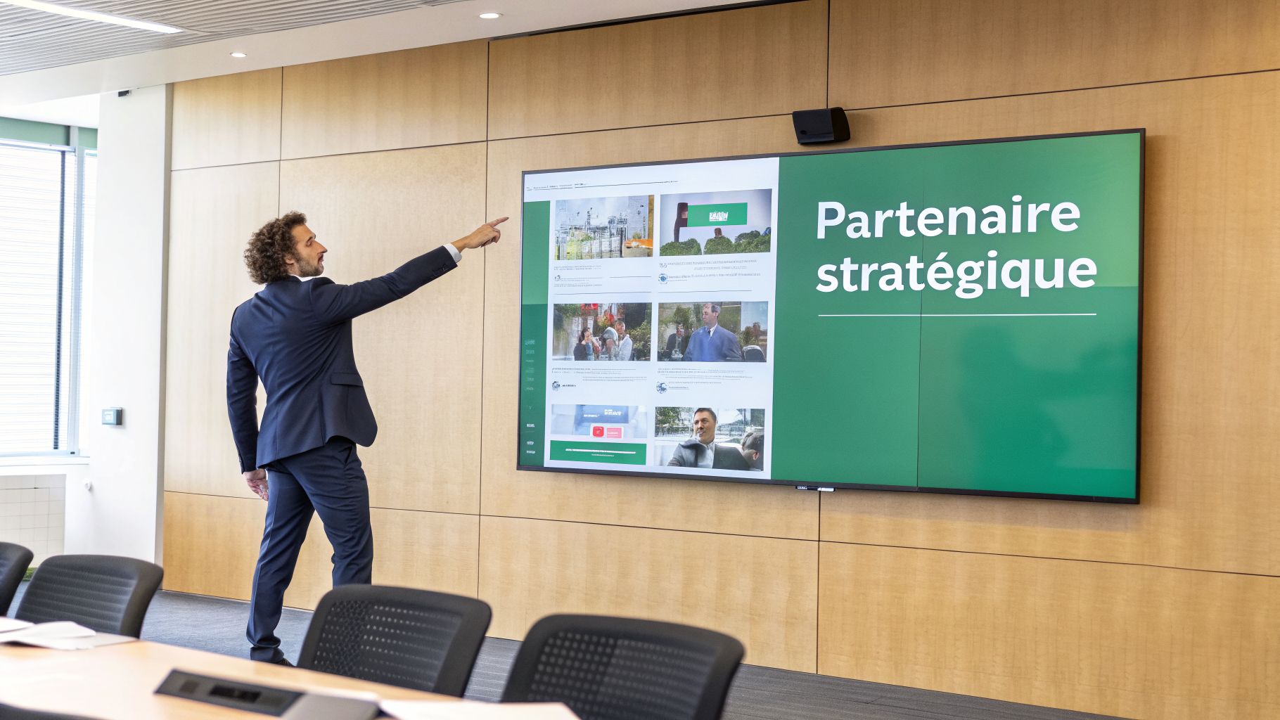 Un homme en costume pointe un grand écran affichant