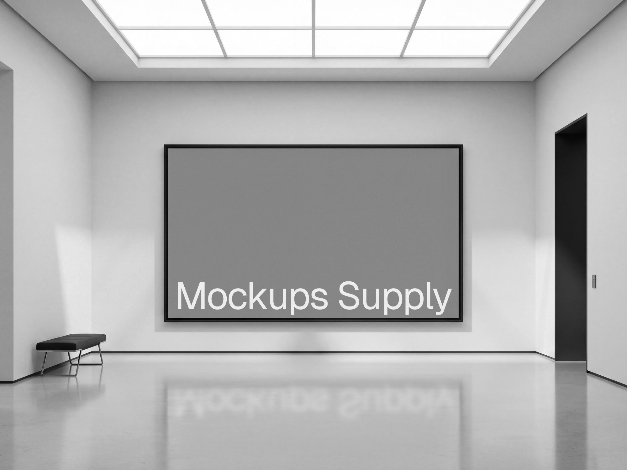 Art gallery wall mockup with a large horizontal frame in a minimal white exhibition interior