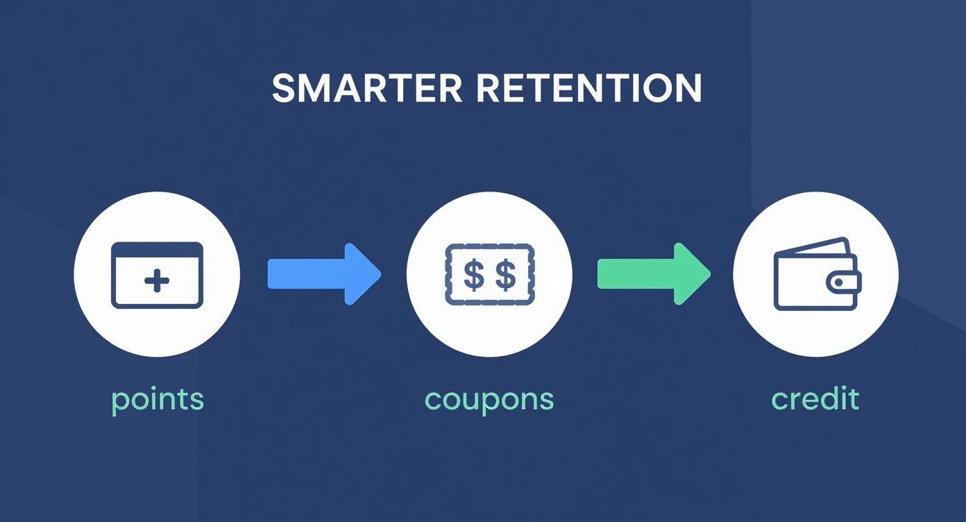 A visual showing smarter customer retention flow: points convert to coupons, then to credit.