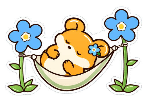 Ellie the hamster asleep in a gently swaying hammock tied between two big blue forget-me-not flowers