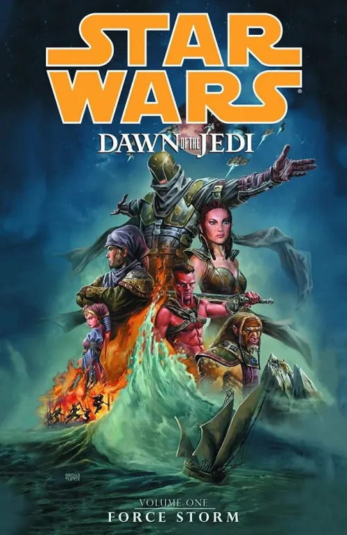 Star Wars: Dawn of the Jedi comic Volume 1 cover including a group of five characters above a boat on green waves