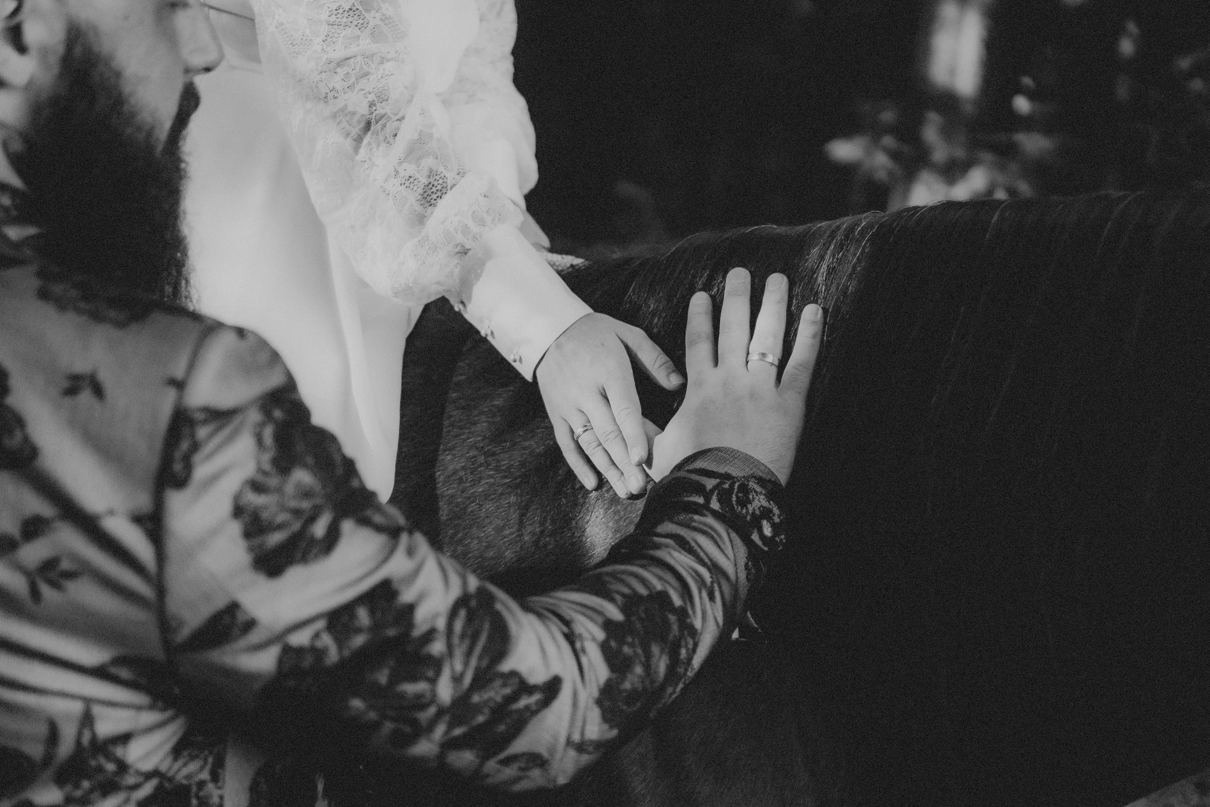 Schwarz-Weiß-Detailaufnahme: Hand der Braut auf dem Fell eines Pferdes – Künstlerische Hochzeitsfotos.