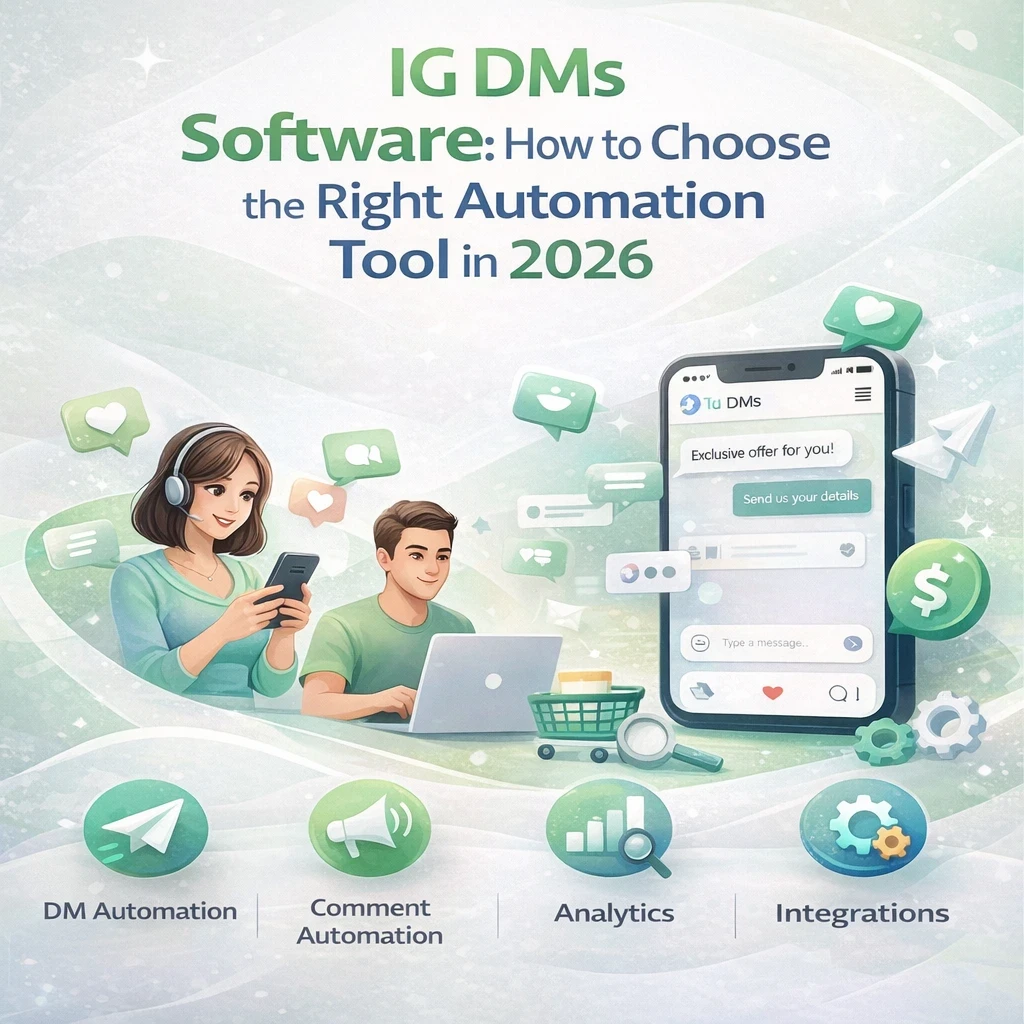 “Modern blog cover image titled ‘IG DMs Software: How to Choose the Right Automation Tool in 2026’ featuring a clean light-grey, white, and light-green background. The design shows a smartphone with automated Instagram DM conversations, icons for comment automation, API compliance, analytics, and smart responses, along with creators using devices. The visual represents Instagram DM automation software, modern UI/UX design, and scalable Instagram messaging tools.”