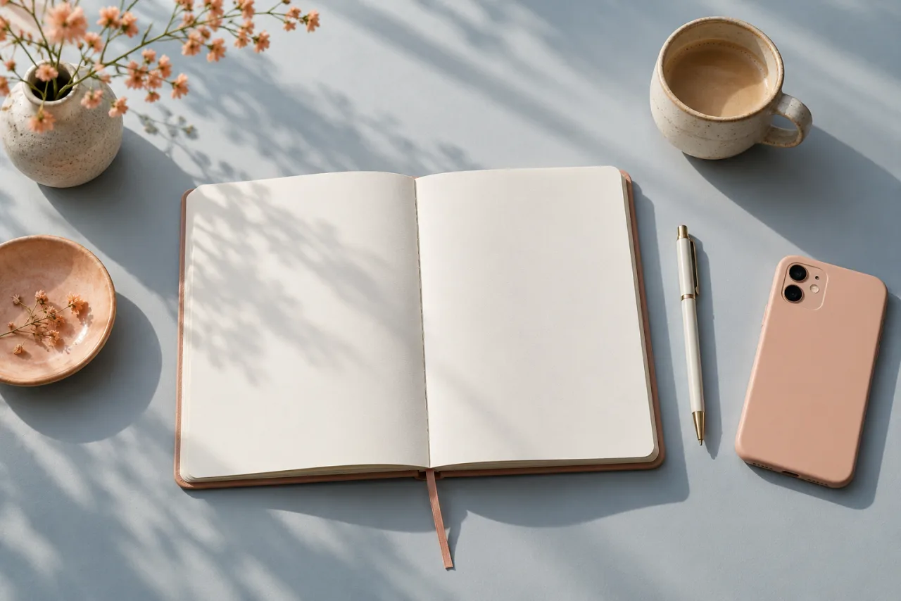A tidy desk with a notebook and a cup