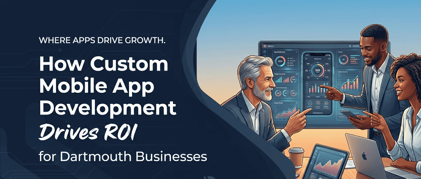 Illustration of team reviewing mobile app analytics driving business ROI