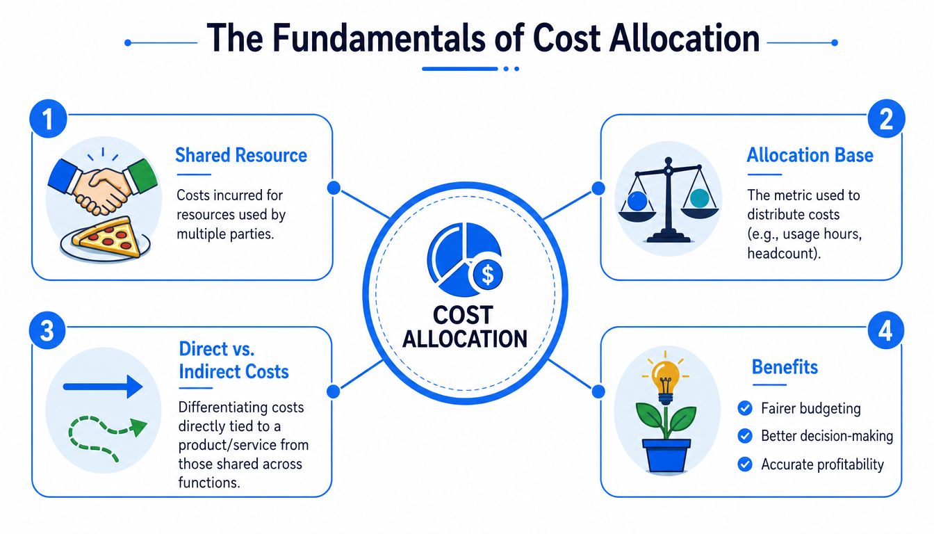 An infographic titled The Fundamentals of Cost Allocation explaining shared resources, allocation bases, cost types, and benefits.