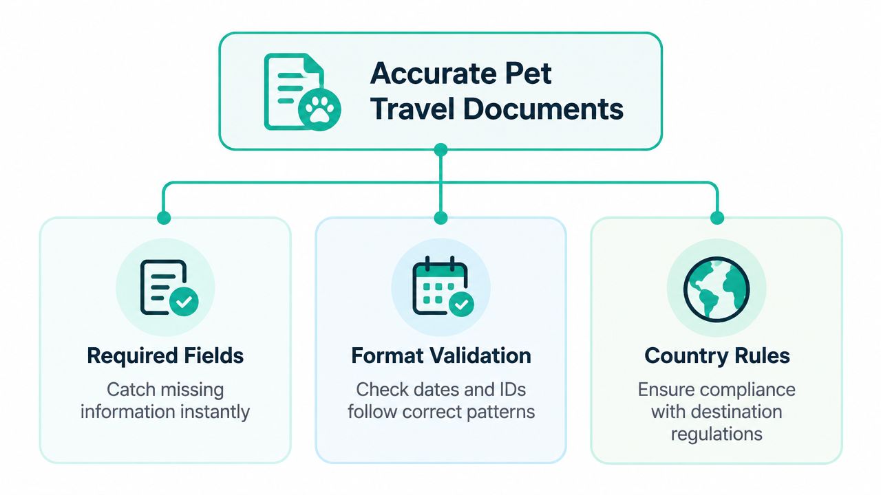 A diagram illustrating the process for ensuring accurate pet travel documents through field, format, and regulation checks.