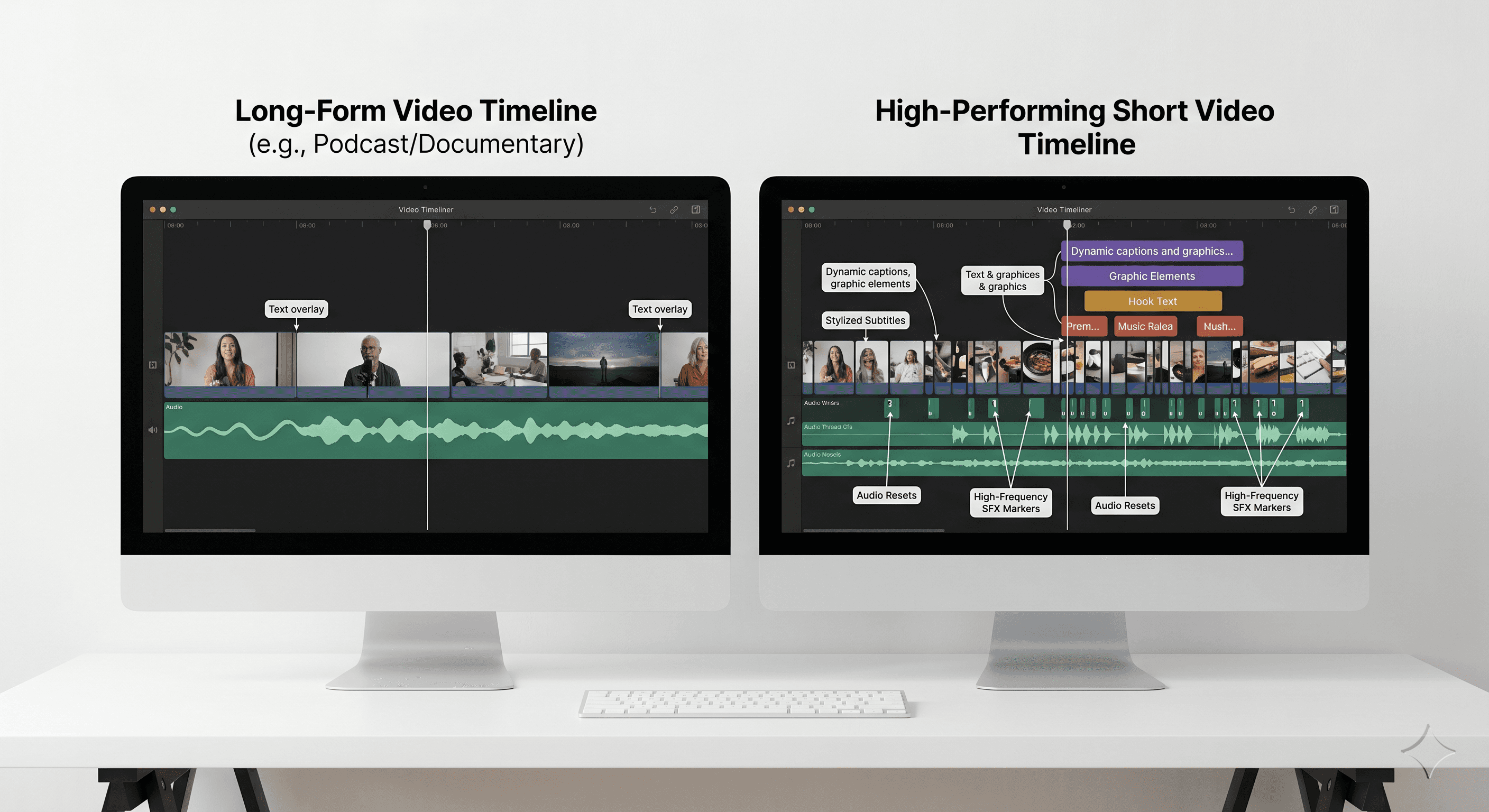 Timeline comparison showing dense cuts in short-form video editing versus long-form.