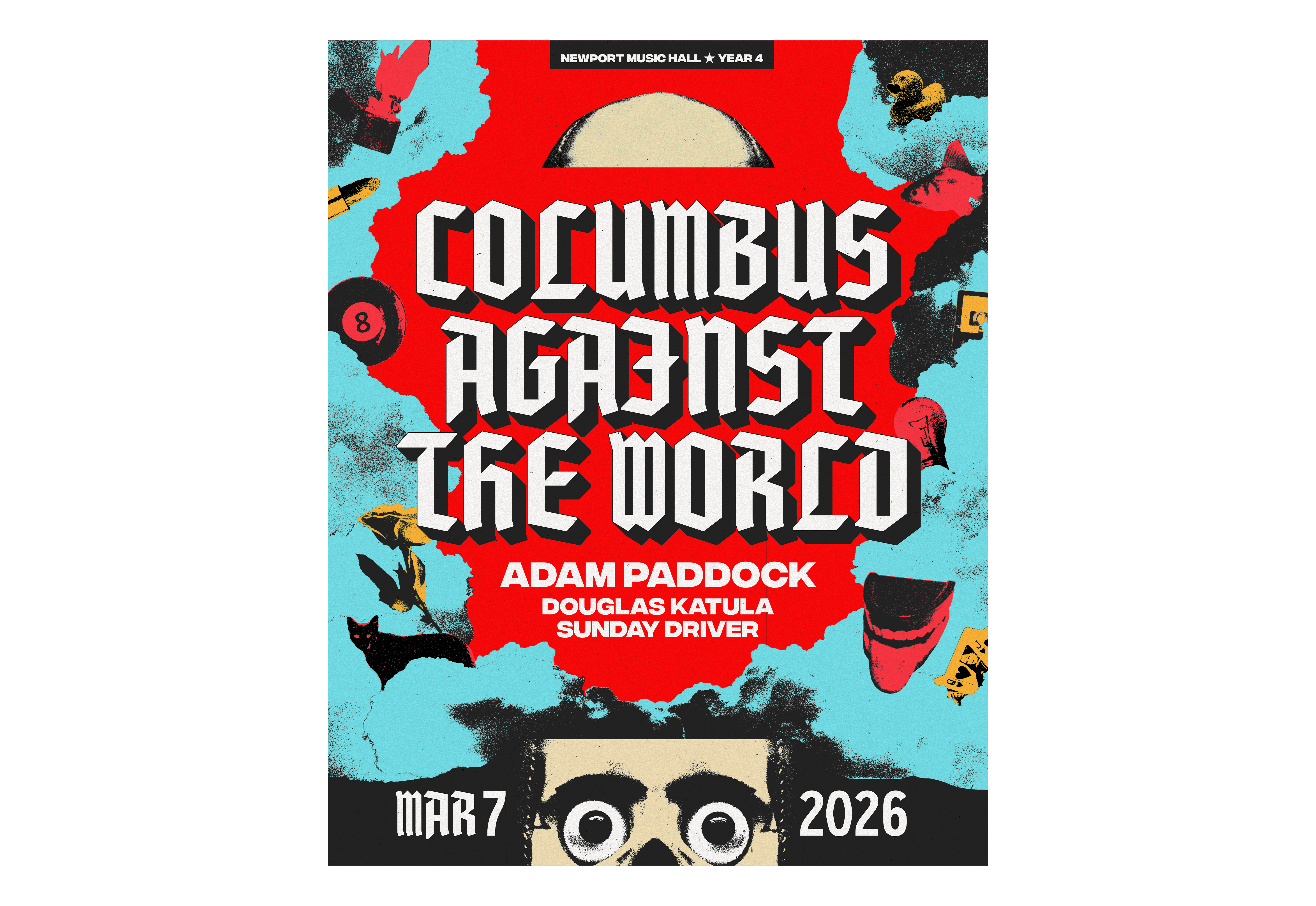 Flat poster for CATW event, loud with bold typography, random objects scattered throughout with skull that has fog coming out (lighter with fire, lipstick, 8-ball, flower, cat, cards, mouth toy, lightbulb, mixtape, fish, rubber duck