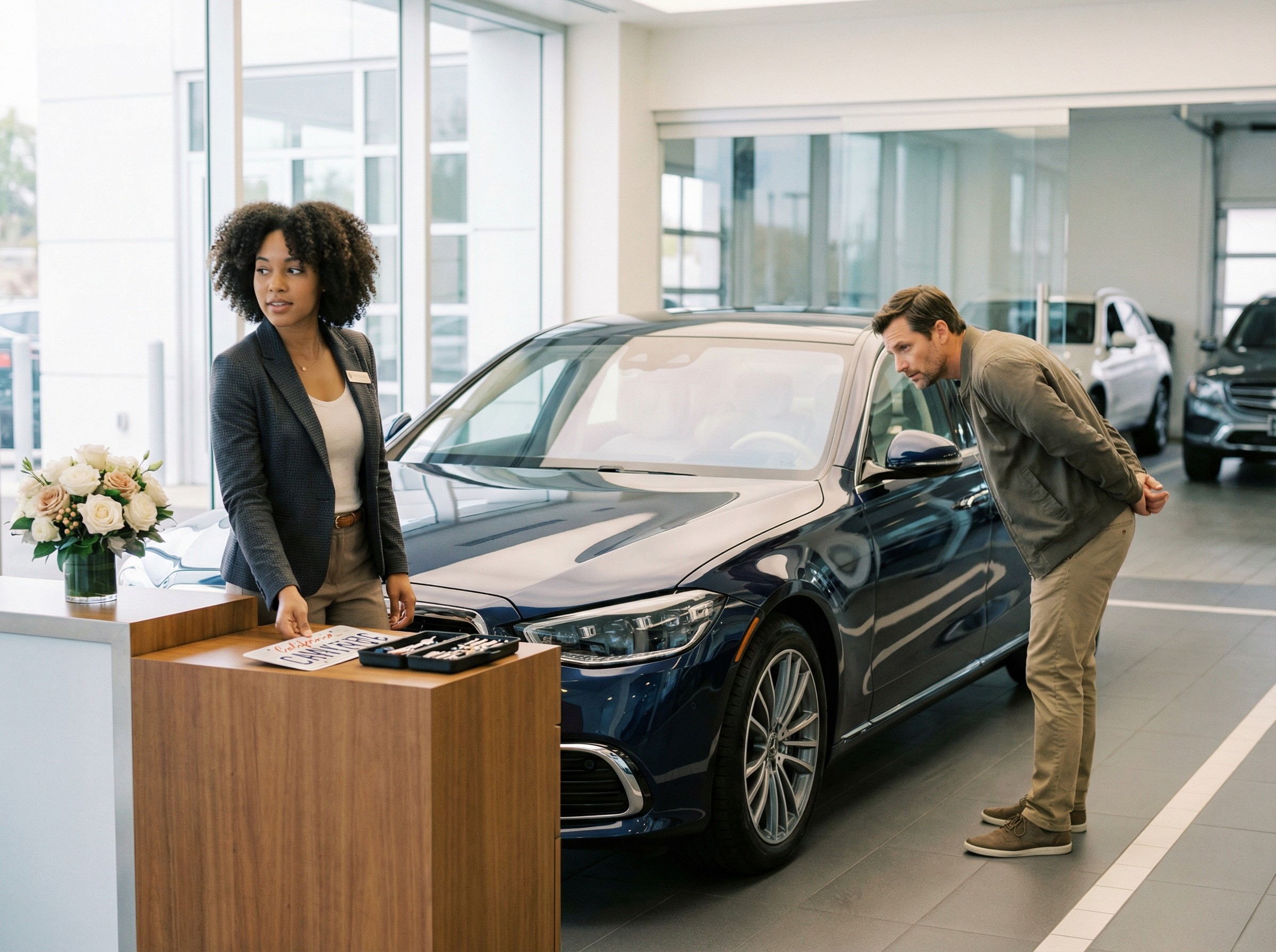 Eine frisch aufbereitete Limousine steht vor einer Übergabezone mit dezentem Blumengesteck. Eine Mitarbeiterin legt das Kennzeichen bereit, ein Kunde prüft aufmerksam die Karosserie. Die Stimmung ist festlich und sorgfältig, ohne Hektik oder Ablenkung.