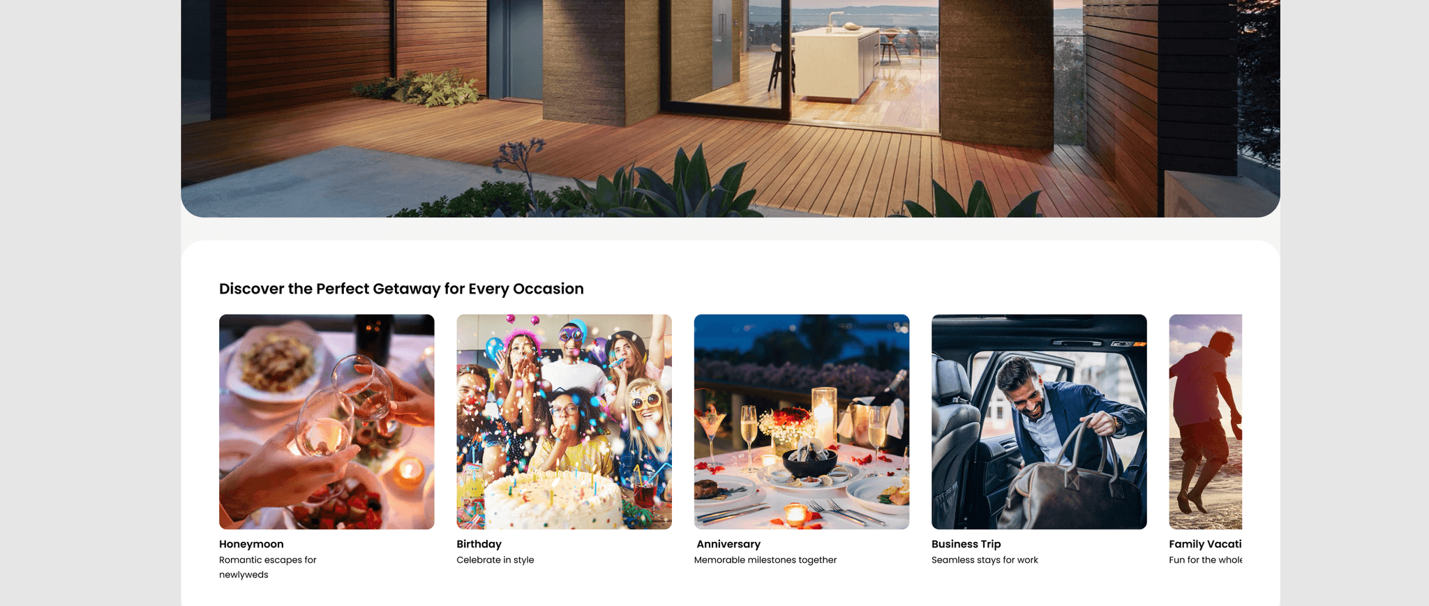 Carousel of listings based on occasions beneath the hero section.