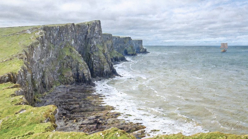 Sacred artwork by Faith and Verse. © Faith and Verse, 2026. All rights reserved. Irish coastal cliffs, departure point for Saint Deicolus and Saint Columbanus's journey to Gaul, late 6th century