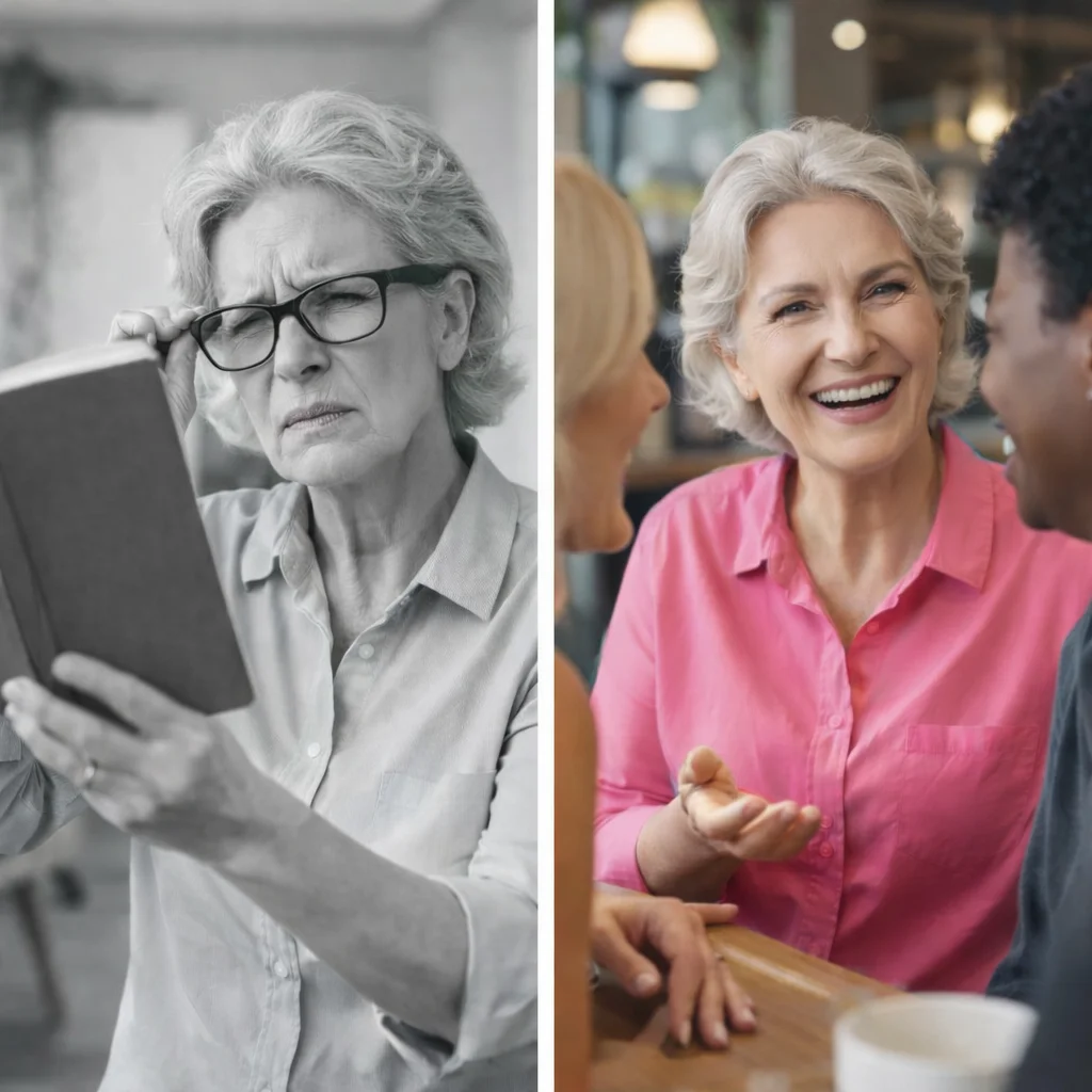 Two women lying in bed; one in pain, the other peacefully asleep.