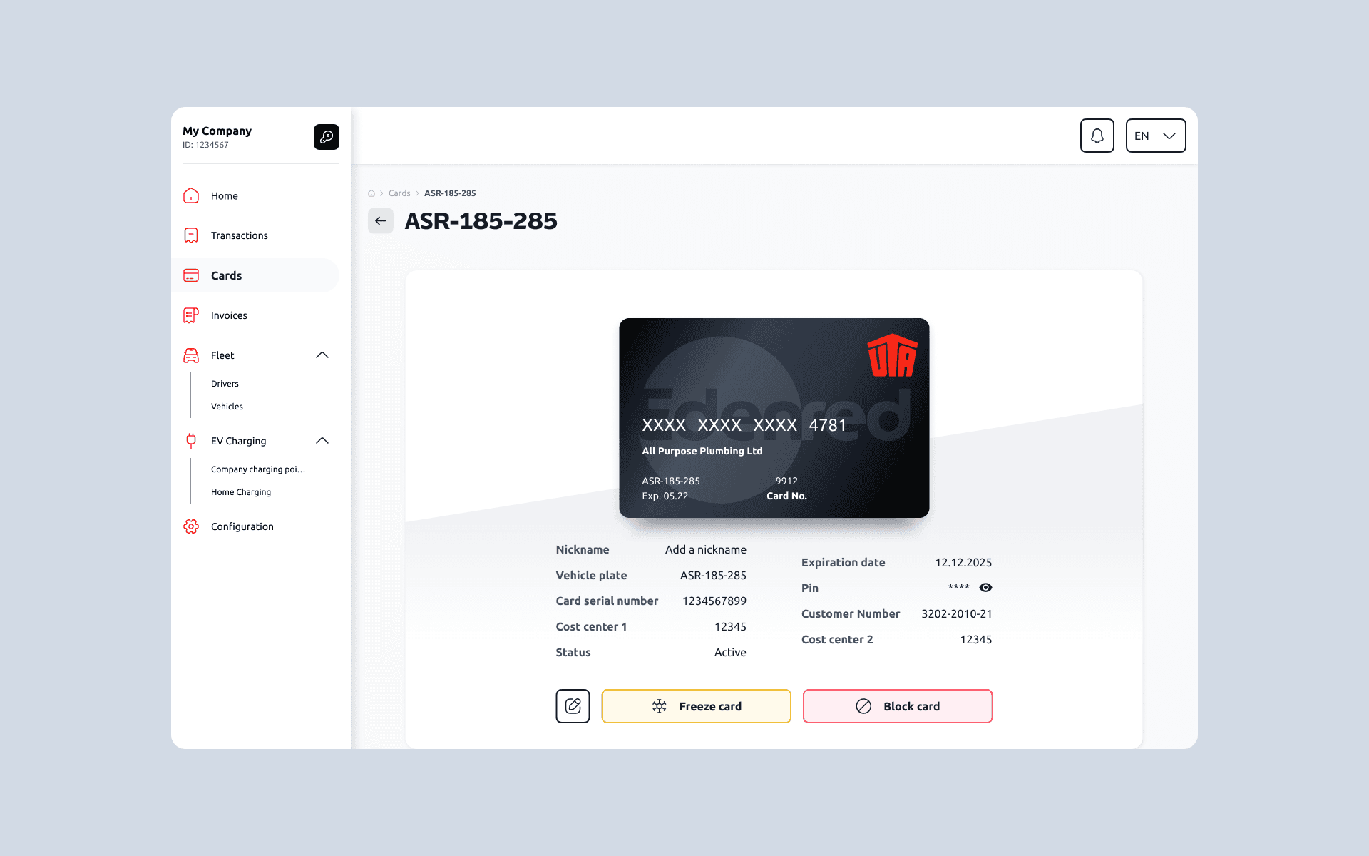 Card detail page for card ASR-185-285 showing a UTA card visual, card metadata (nickname, vehicle plate, serial number, cost centres, expiry, PIN, customer number), and action buttons to edit, freeze, or block the card.