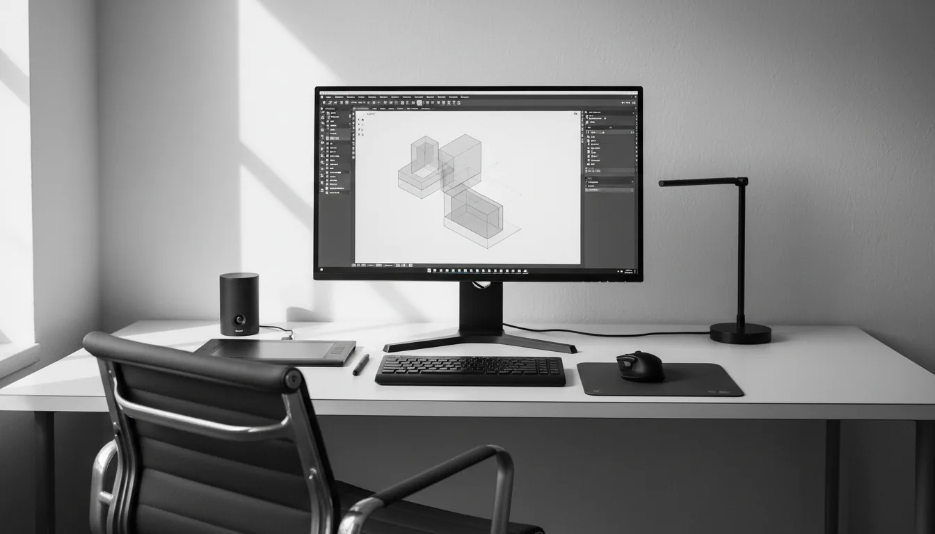 Monochromatic black and white DSLR photograph of a minimalist architect's workstation, captured with soft natural daylight creating high contrast and deep shadows. The central focus is a large widescreen monitor on a clean white desk, displaying the Autodesk Revit software interface with abstracted UI elements. In the foreground, the back of a modern office chair with a dark grey fabric seat and a light metal frame is visible. The desk is neatly organized with a black keyboard, an ergonomic mouse on a mat, a graphics tablet, a desk speaker, and a black articulated desk lamp.