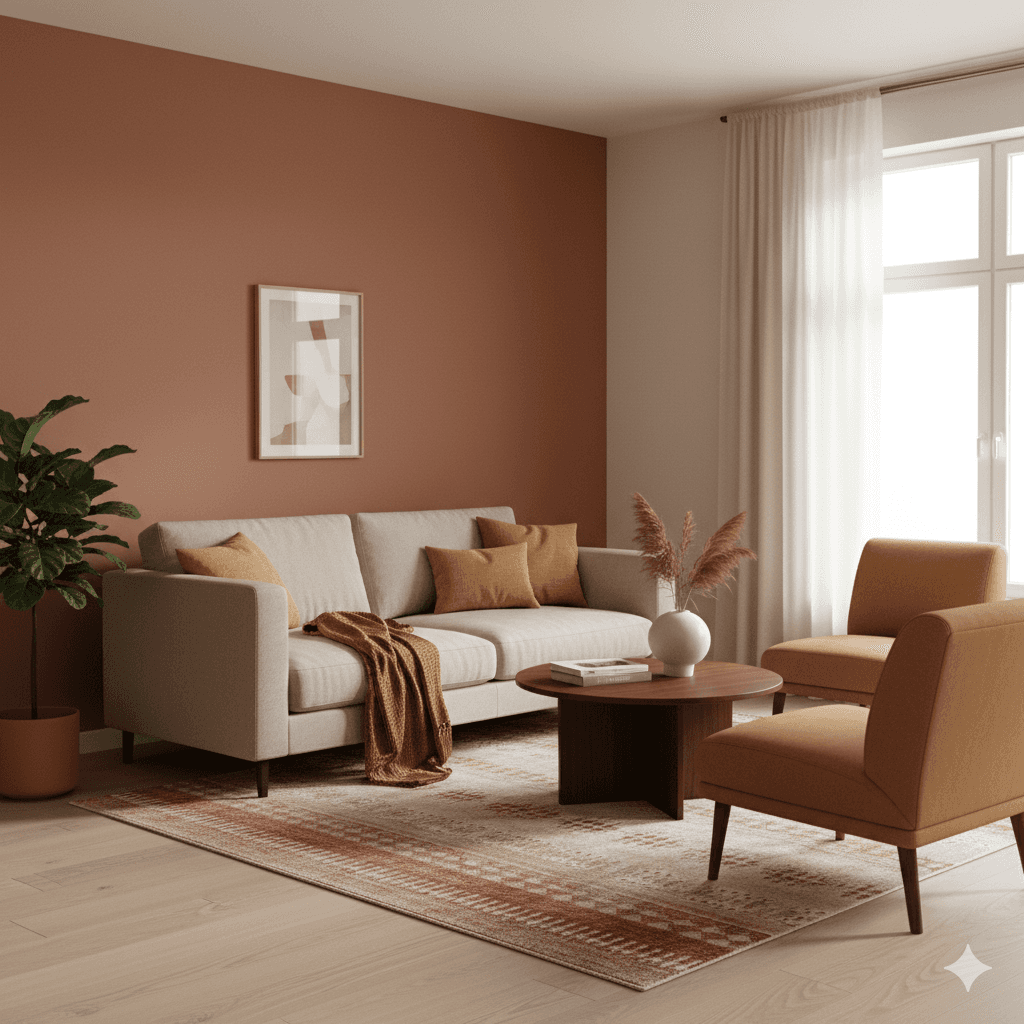 Spacious, luxurious living room with high ceilings, an elegant beige sectional sofa, warm ambient lighting, classical artwork, and rustic architectural elements, featuring an open layout with a view of a mezzanine level.