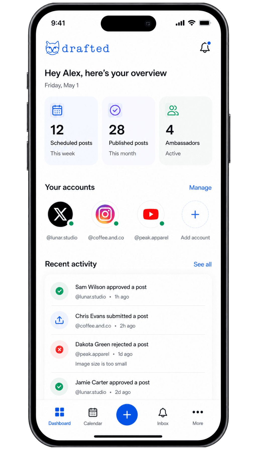 The image shows a mobile app interface with a dashboard overview, highlighting scheduled posts, published posts, and active ambassadors, alongside account management options and recent activity notifications.
