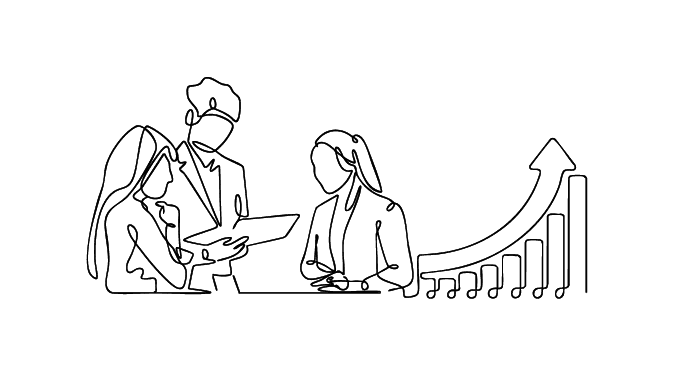 Kontinuierliche Strichzeichnung: Drei Kolleg:innen schauen auf einen Laptop; daneben ein aufwärts zeigendes Balkendiagramm für Wachstum.