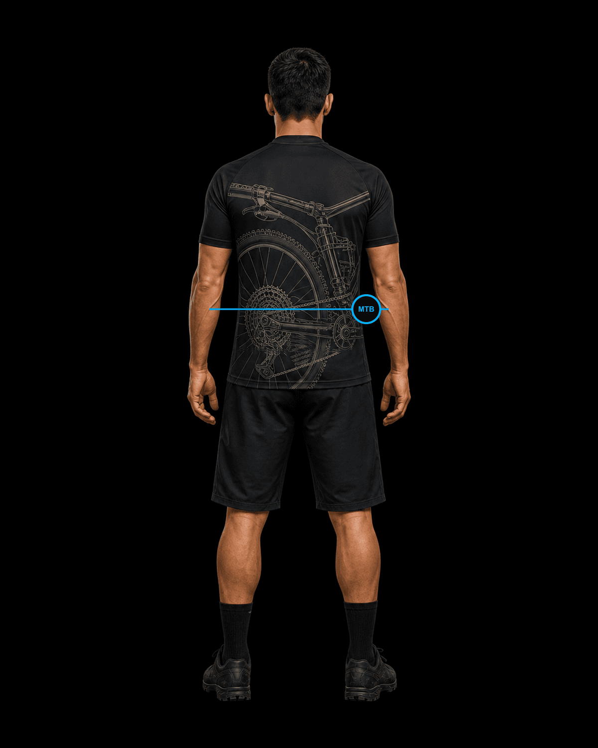 Back view of the same male mountain biker wearing the black Valkyrie Formation MTB kit concept with an engraved XC drivetrain, suspension fork and knobby tyre.
