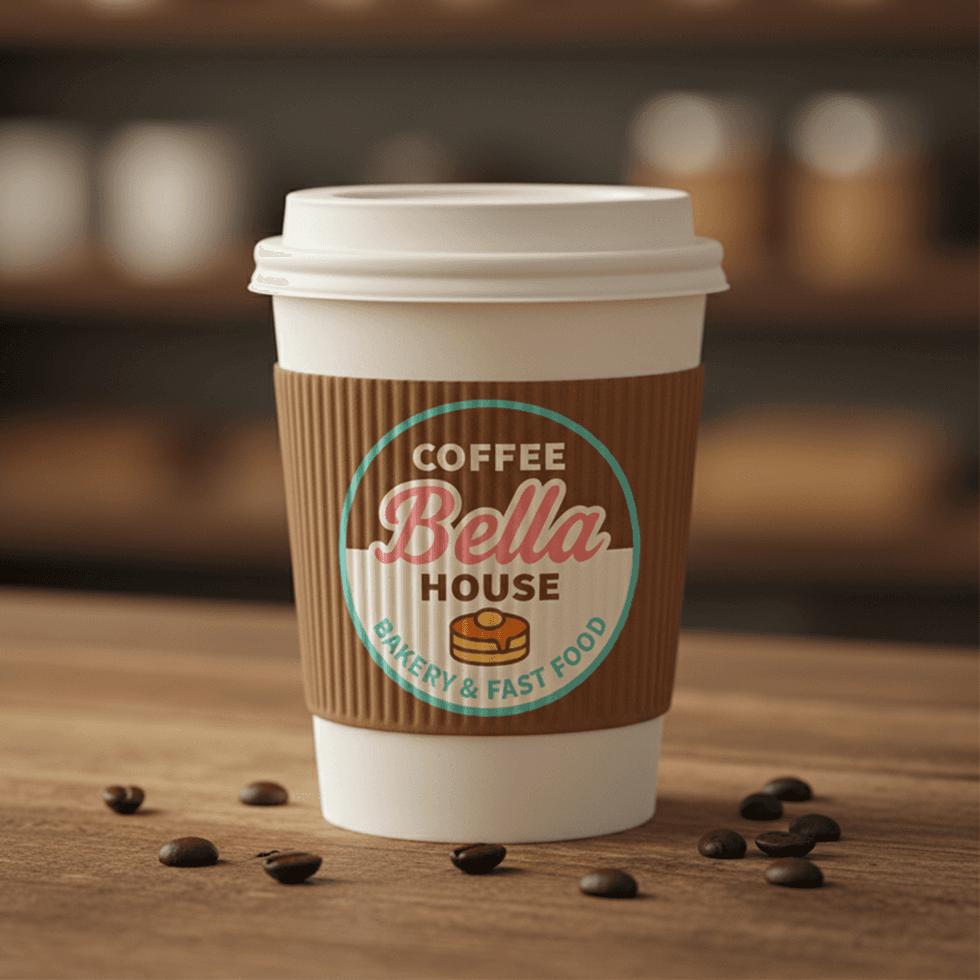 Mockup of Coffe Bella House logo applied on paper coffee cup