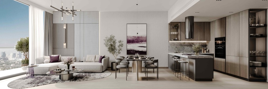Contemporary living room with a city skyline view, designed by Le Blanc by Imtiaz, highlighting stylish furniture and decor.