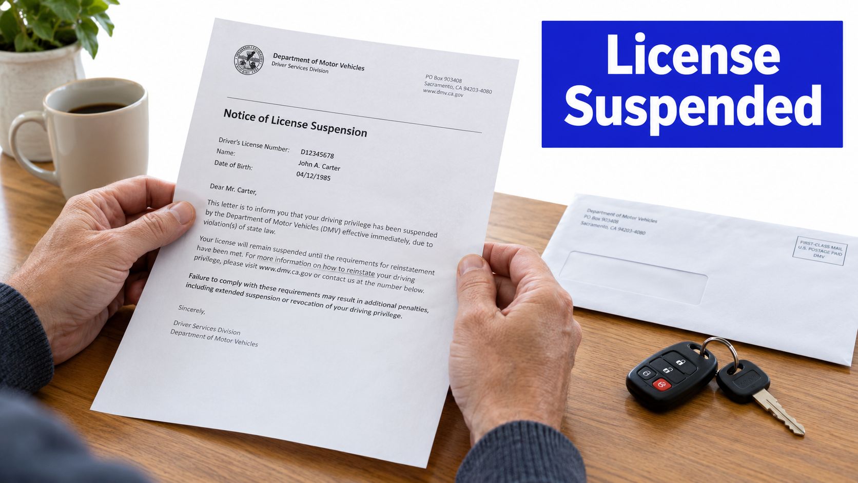 A person holds a notice of license suspension letter from the Department of Motor Vehicles with car keys.