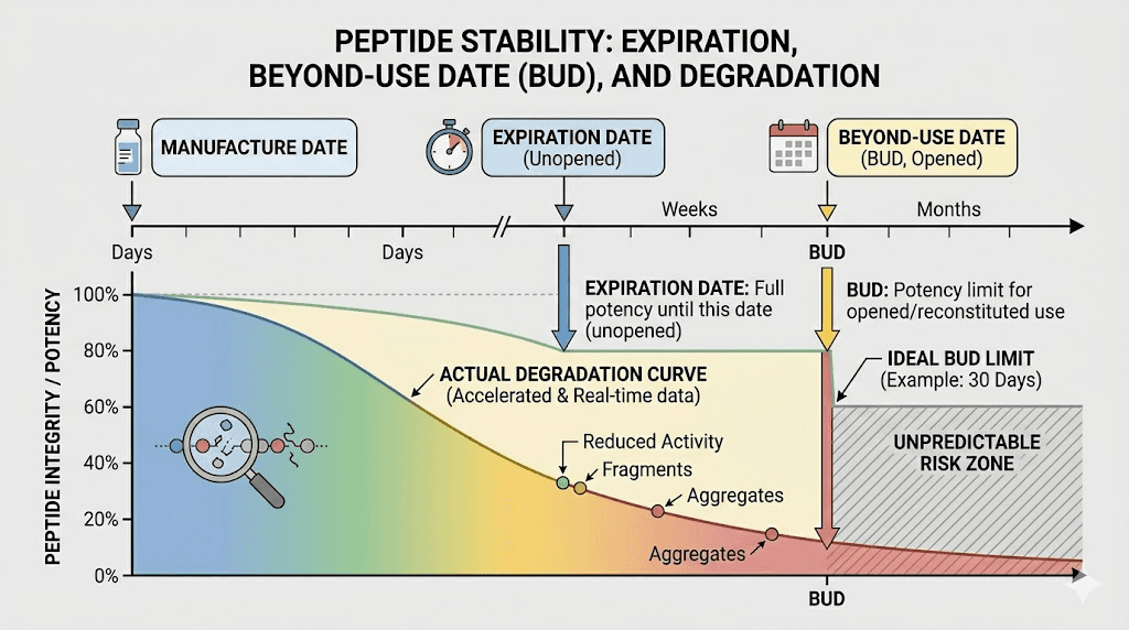Tirzepatide expiration date versus actual degradation timeline comparison