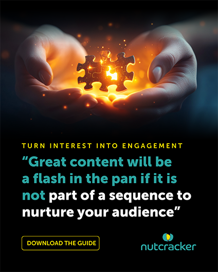 A pair of hands holding levetating puzzle pieces magically coming together symbolisinginterest turning into engagement with the quote from the guide “Great content will be  a flash in the pan if it is not part of a sequence to nurture your audience”