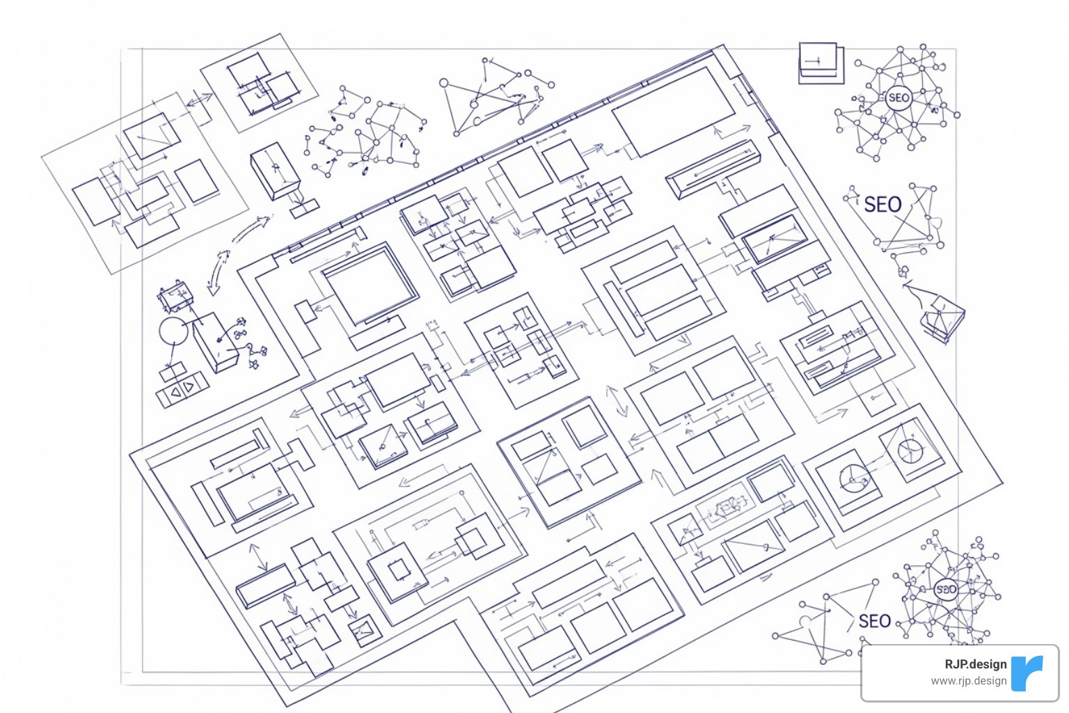 Blueprint of a website design project, showing wireframes, user flow, and SEO elements integrated into the design process - web design & seo company