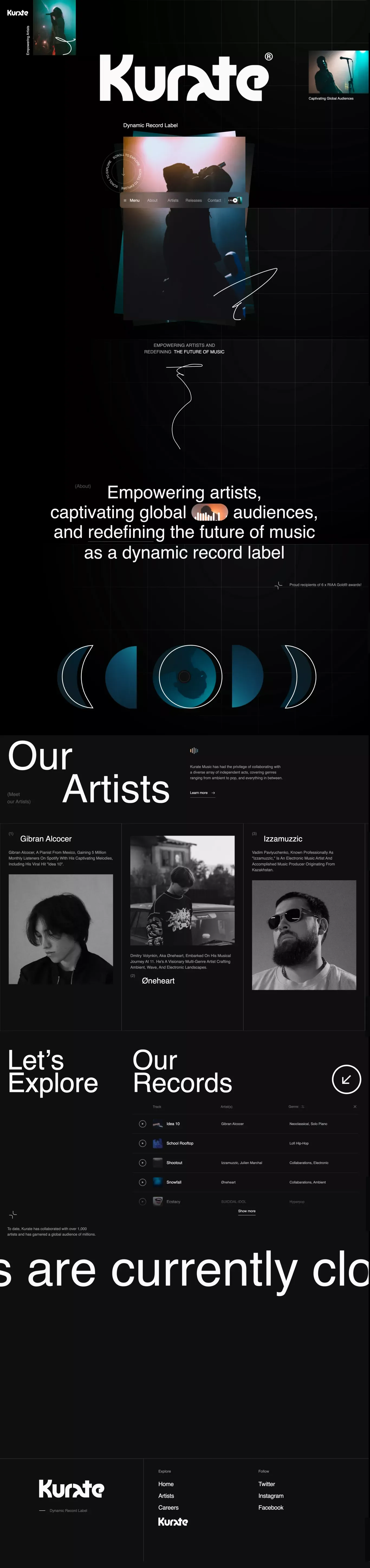 Kurate Music landing page screenshot showcasing Music design
