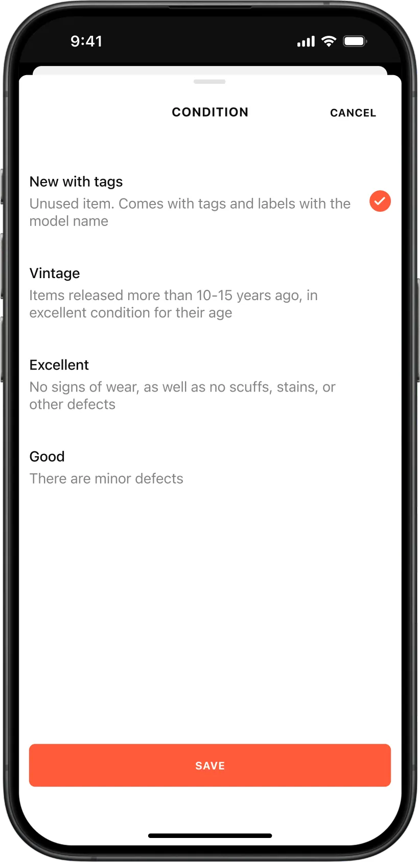Condition filter screen in the Tuff Stuff marketplace app, showing item condition options including new with tags, vintage, excellent, and good.