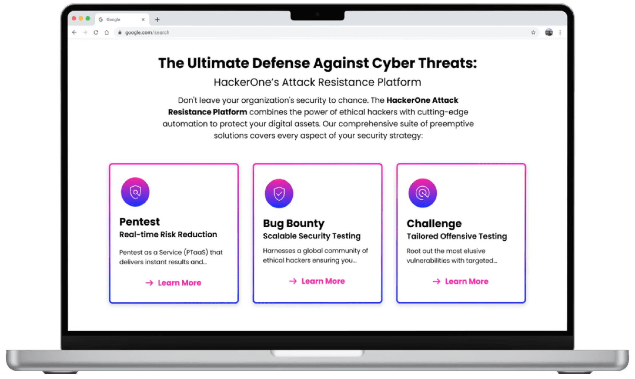 Desktop view of Hackerone's product cards in their default state