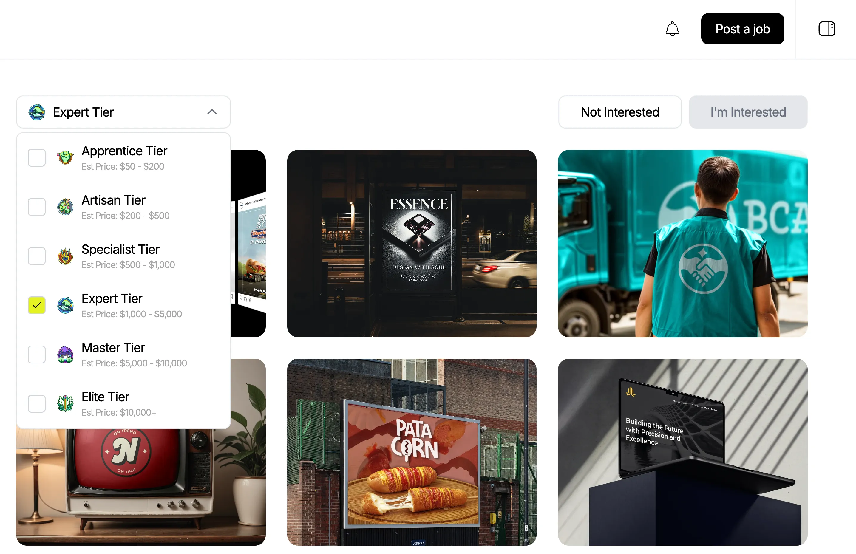 Rangos de habilidad en Honter desde Aprendiz hasta Élite con filtros por precio de proyecto