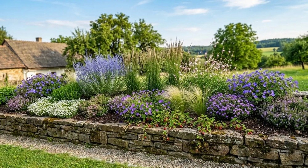 kamenná zídka s trvalkami