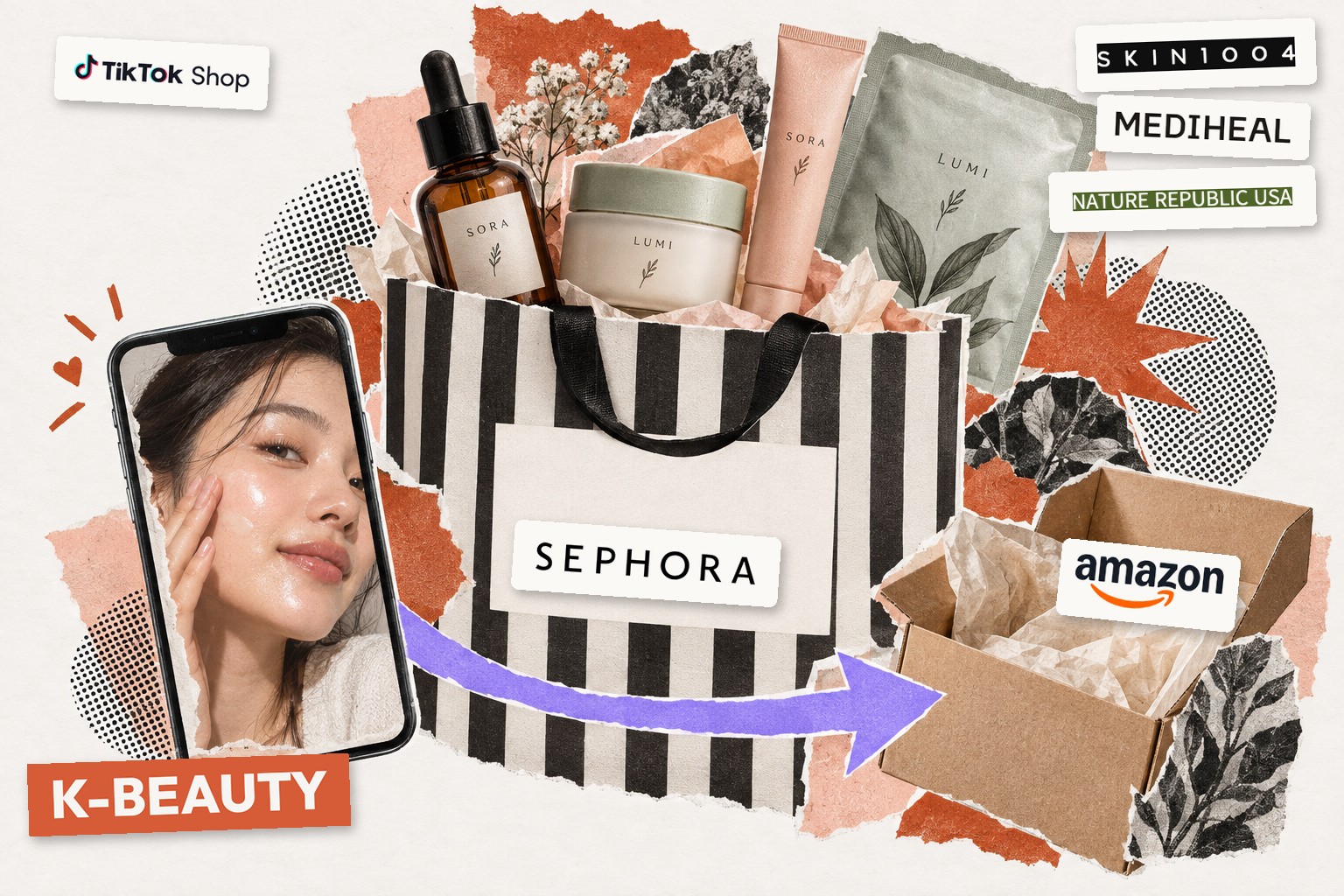 Paper collage: a striped Sephora shopping bag filled with K-beauty skincare, a phone playing a TikTok Shop video, and an Amazon delivery box