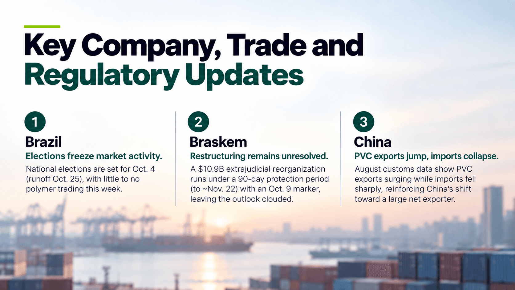 Key company, trade and regulatory updates: Brazil election freezing polymer trading, Braskem's unresolved debt restructuring, and China's PVC export growth