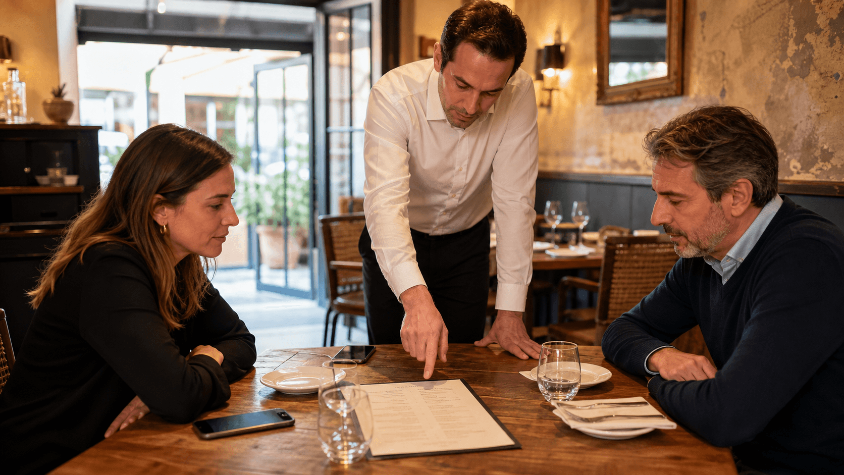Des clients et un responsable en train de consulter un menu imprimé et à jour dans un restaurant.
