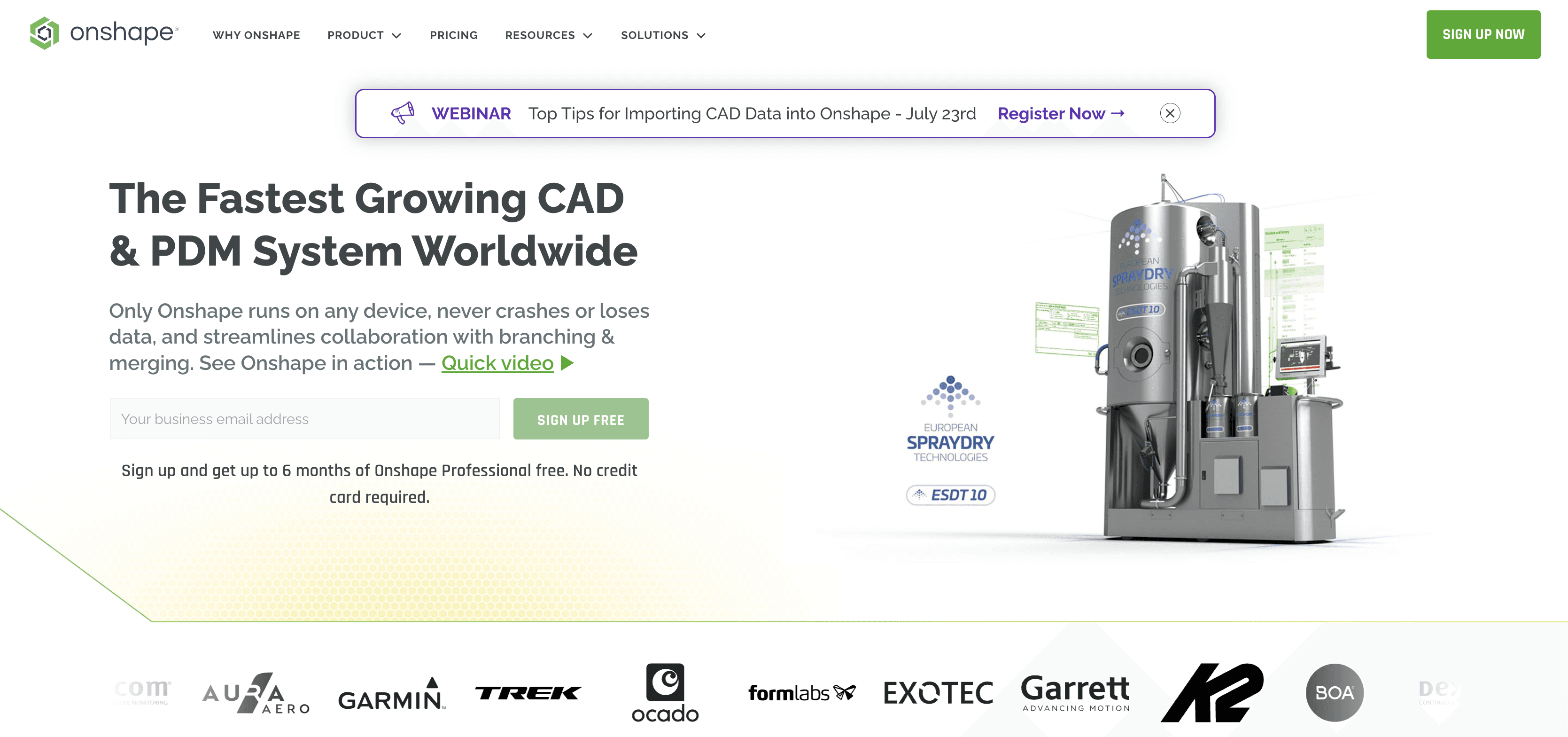Onshape homepage screenshot for cloud-based CAD and product data management software