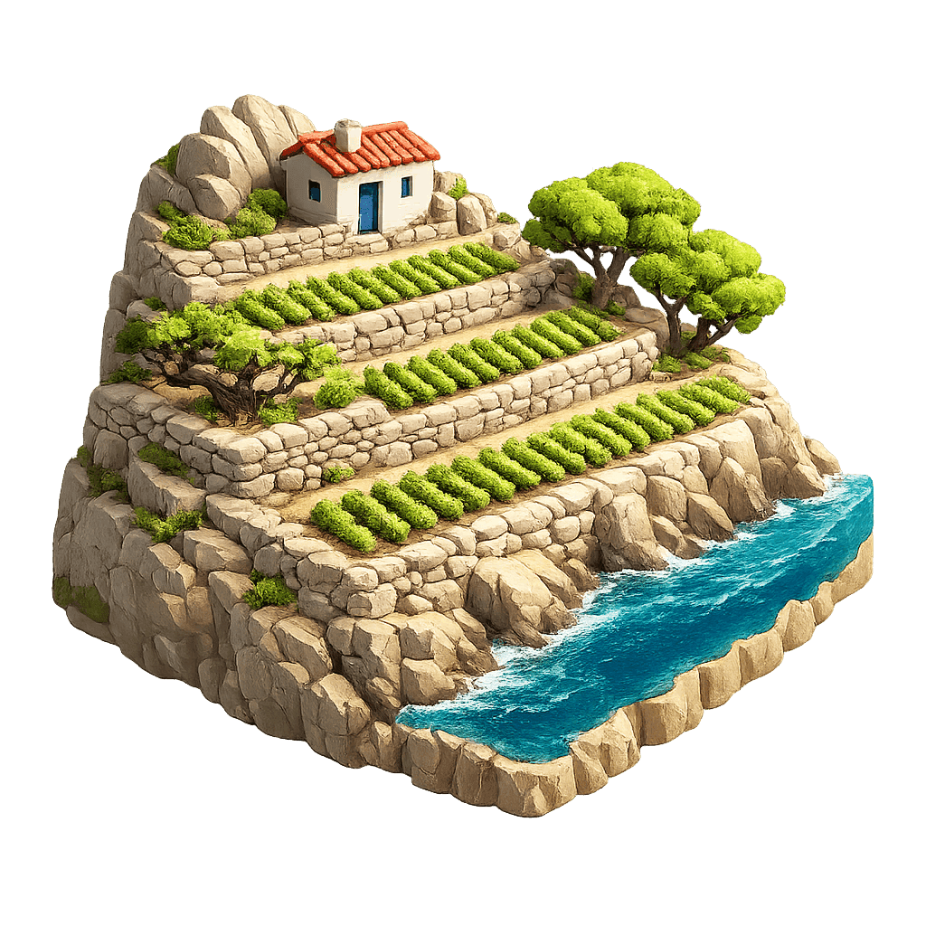 Artistic illustration of the Samos wine region.